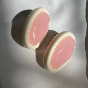 Vintage Jelly Pink Lucite Oval Cream Color Estate Costume Clip On Earrings